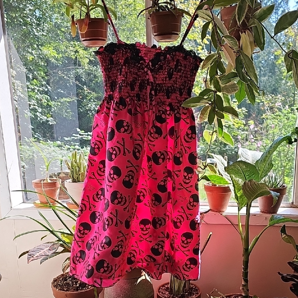 Betsey Johnson Vibrant Satin Pink and Black Skull Mini Dress